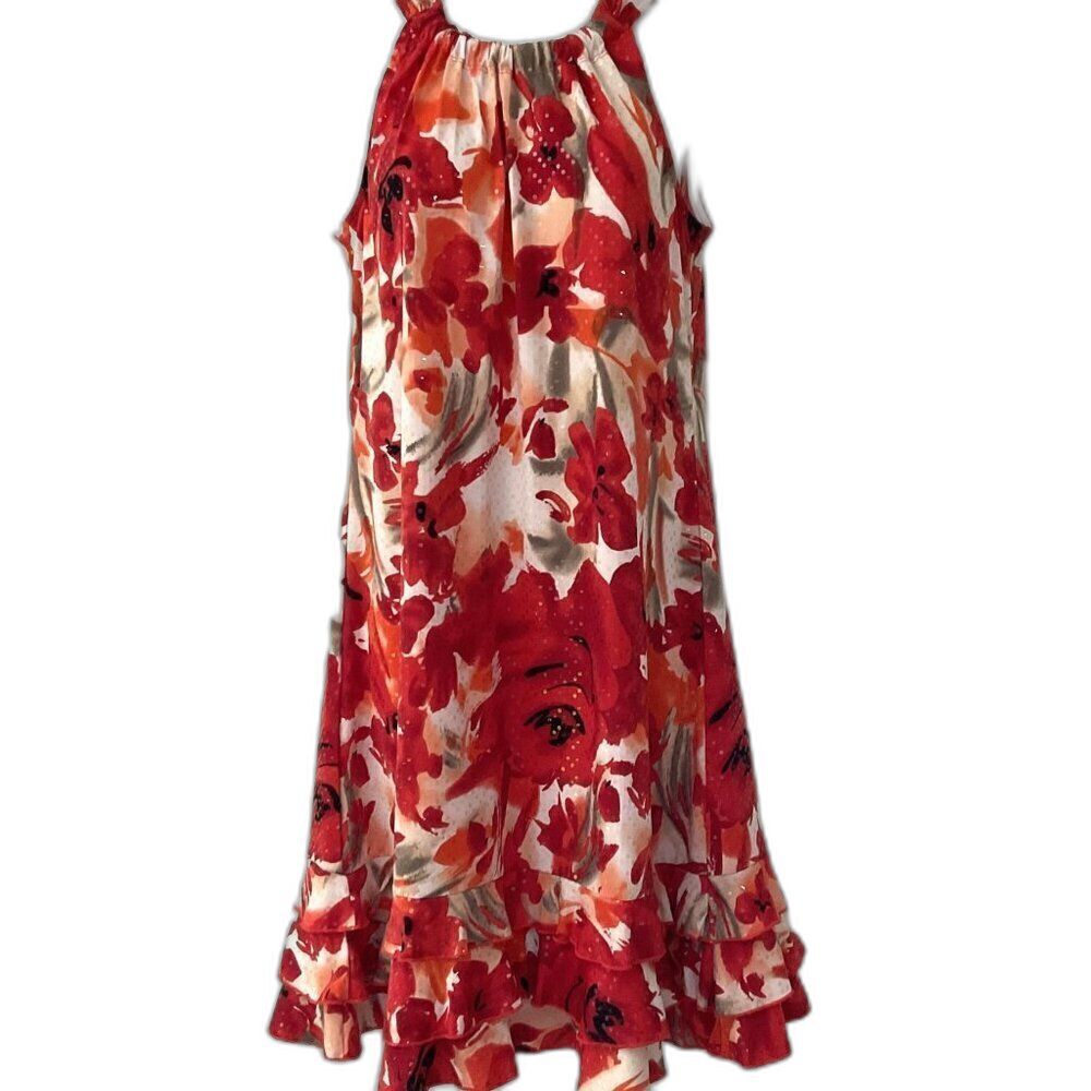 •	Y2K Vintage J.B.S. Red Floral Sequin Ruffle Halter Dress 8